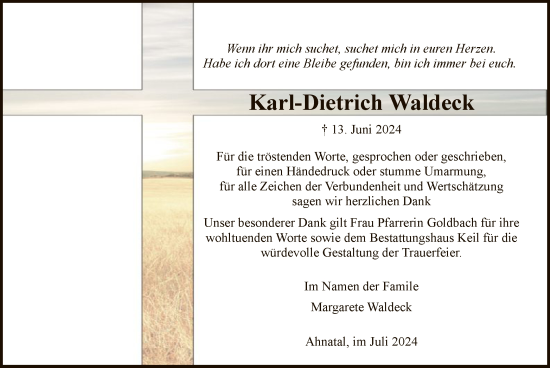 Todesanzeige von Karl-Dietrich Waldeck von HNA