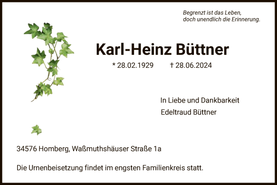 Todesanzeige von Karl-Heinz Büttner von HNA