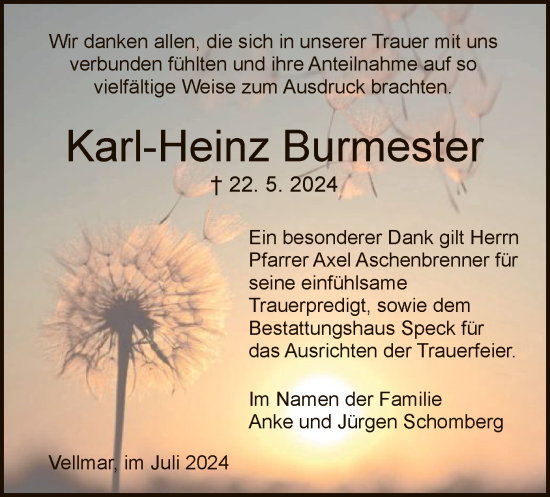 Todesanzeige von Karl-Heinz Burmester von HNA