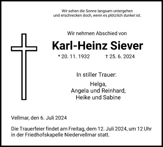 Todesanzeige von Karl-Heinz Siever von HNA