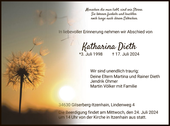Todesanzeige von Katharina Dieth von HNA