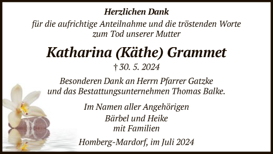 Todesanzeige von Katharina Grammet von HNA