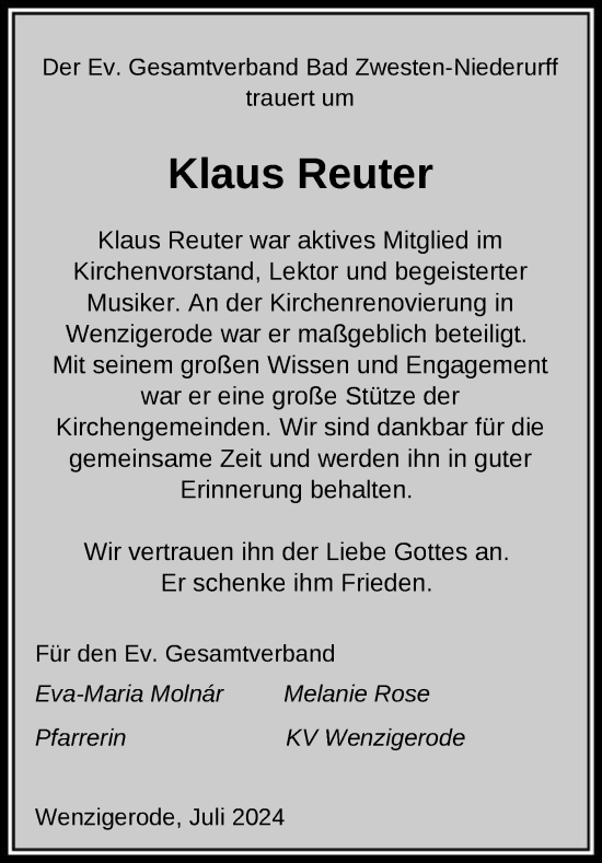 Todesanzeige von Klaus Reuter von HNA