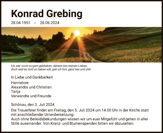 Todesanzeige von Konrad Grebing von HNA