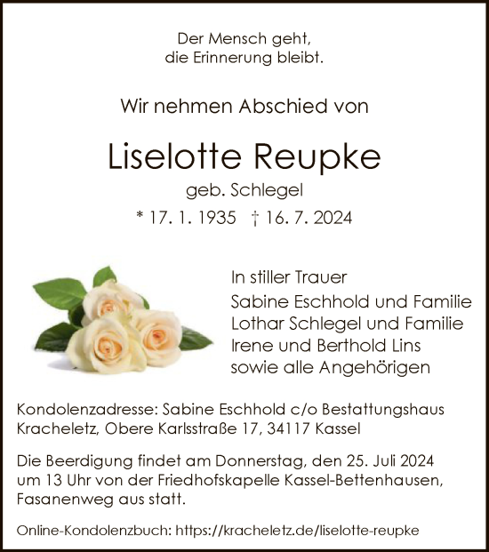 Todesanzeige von Liselotte Reupke von HNA