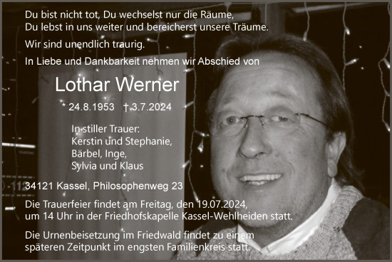 Todesanzeige von Lothar Werner von HNA