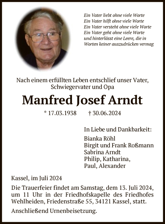 Todesanzeige von Manfred Josef Arndt von HNA