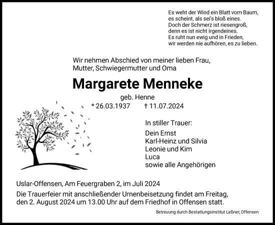 Todesanzeige von Margarete Menneke von HNA