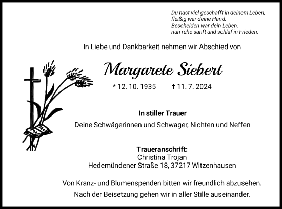 Todesanzeige von Margarete Siebert von HNA