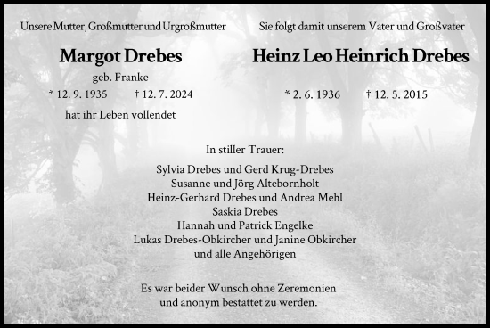 Todesanzeige von Margot und Heinz Leo Hinrichs Drebes von HNA