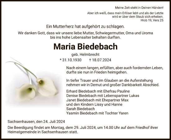 Todesanzeige von Maria Biedebach von HNA