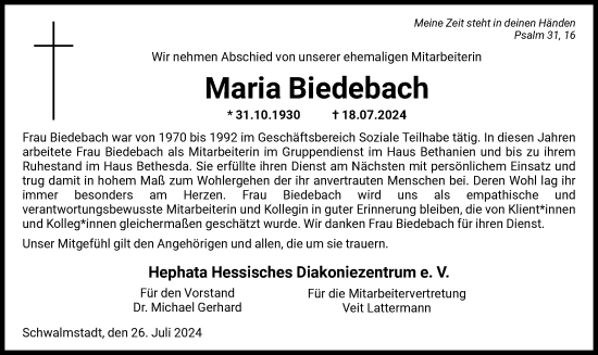 Todesanzeige von Maria Biedebach von HNA