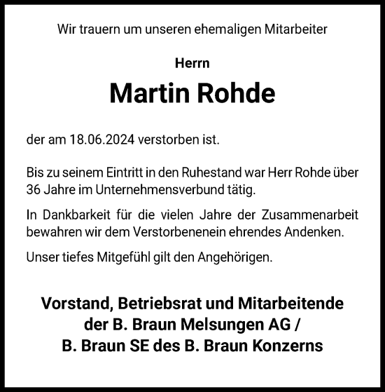 Todesanzeige von Martin Rohde von HNA