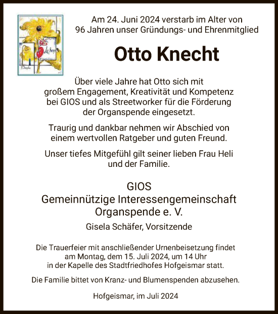 Todesanzeige von Otto Knecht von HNA