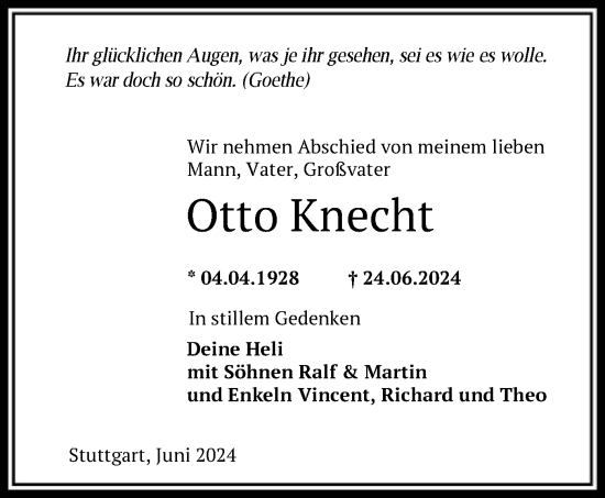 Todesanzeige von Otto Knecht von HNA