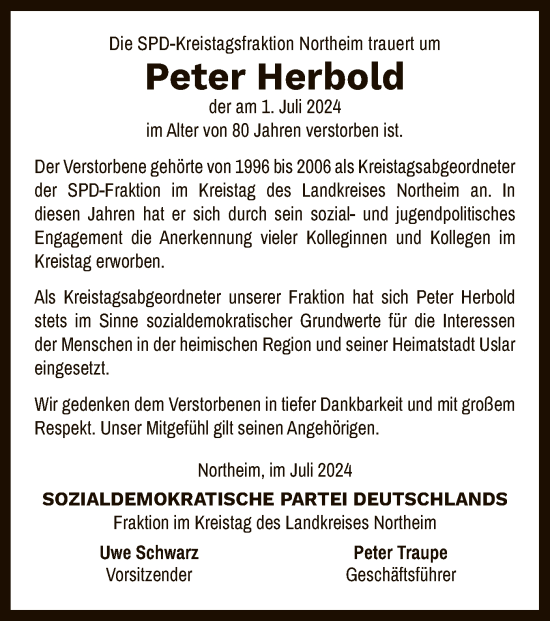 Todesanzeige von Peter Herbold von HNA