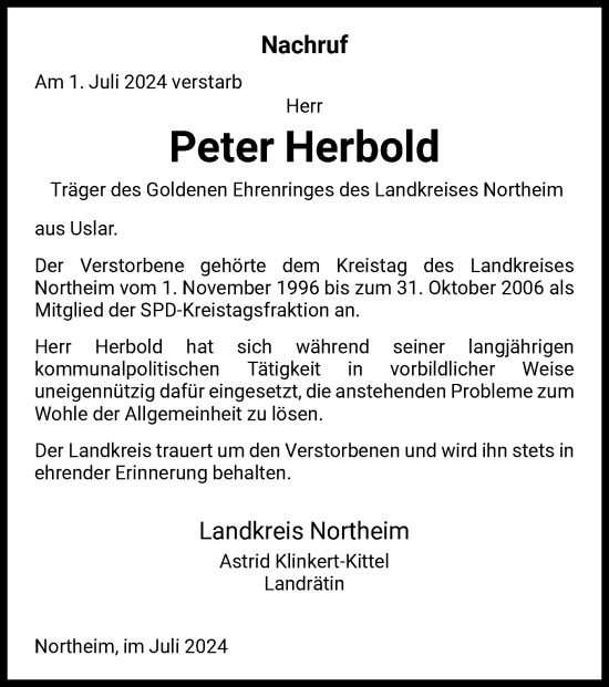 Todesanzeige von Peter Herbold von HNA