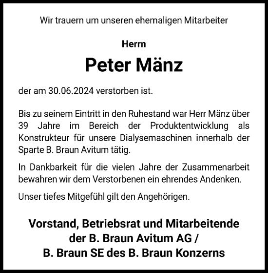 Todesanzeige von Peter Mänz von HNA