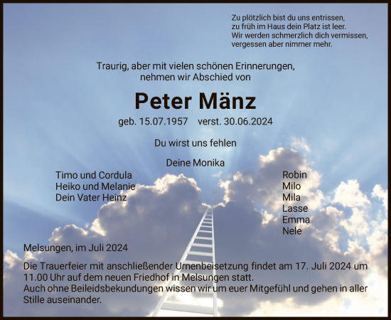 Todesanzeige von Peter Mänz von HNA