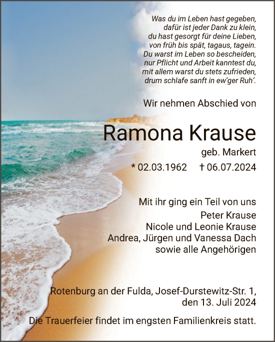 Todesanzeige von Ramona Krause von HNA