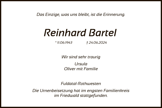 Todesanzeige von Reinhard Bartel von HNA