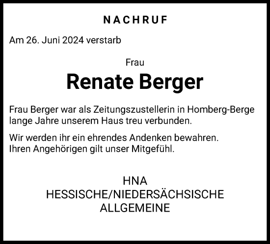 Todesanzeige von Renate Berger von HNA