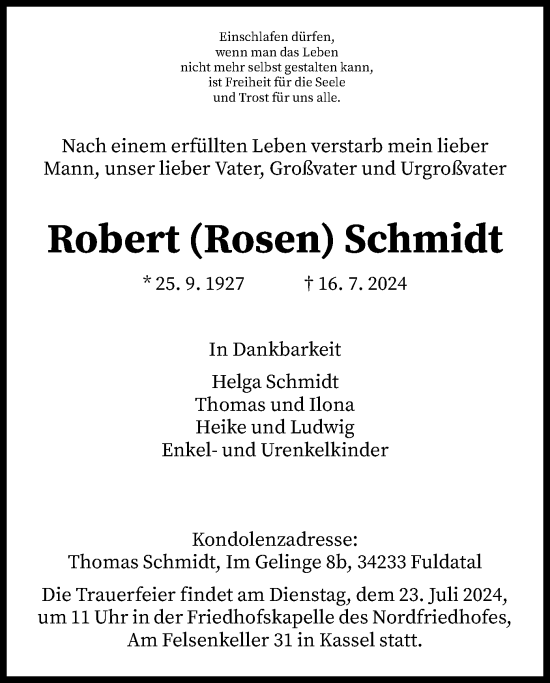 Todesanzeige von Robert Schmidt von HNA