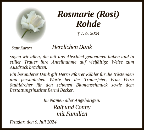 Todesanzeige von Rosmarie Rohde von HNA