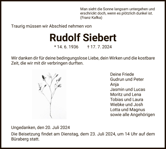 Todesanzeige von Rudolf Siebert von HNA
