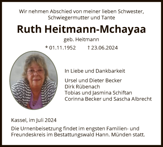 Todesanzeige von Ruth Heitmann-Mchayaa von HNA