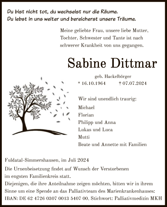 Todesanzeige von Sabine Dittmar von HNA