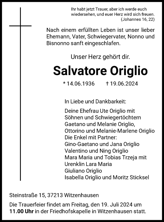Todesanzeige von Salvatore Origlio von HNA