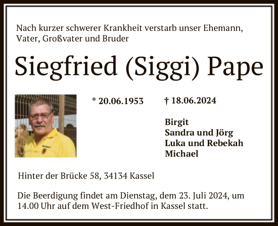Todesanzeige von Siegfried Pape von HNA