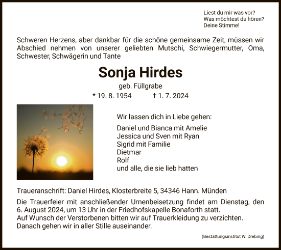 Todesanzeige von Sonja Hirdes von HNA