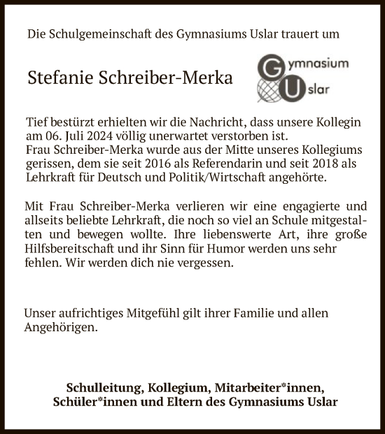 Todesanzeige von Stefanie Schreiber-Merka von HNA