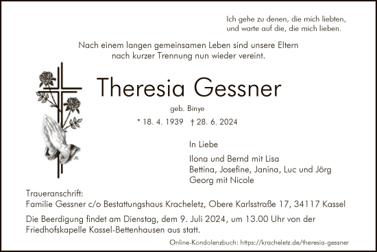 Todesanzeige von Theresia Gessner von HNA