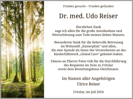 Todesanzeige von Udo Reiser von HNA