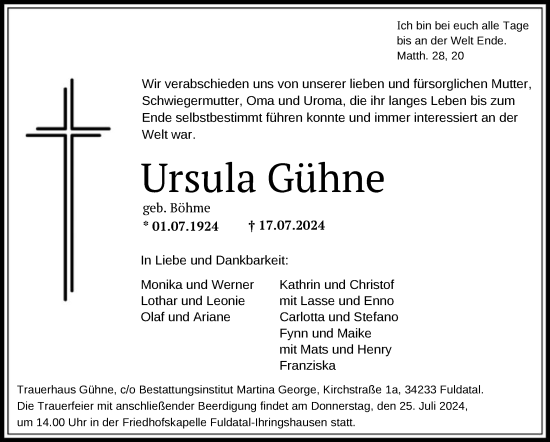 Todesanzeige von Ursula Gühne von HNA