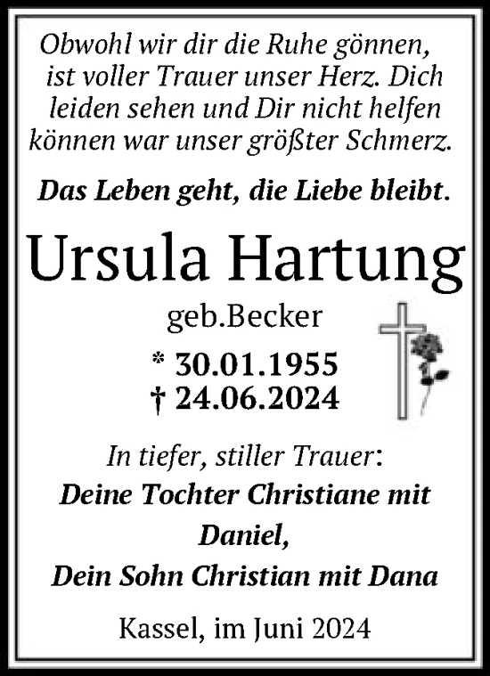 Todesanzeige von Ursula Hartung von HNA