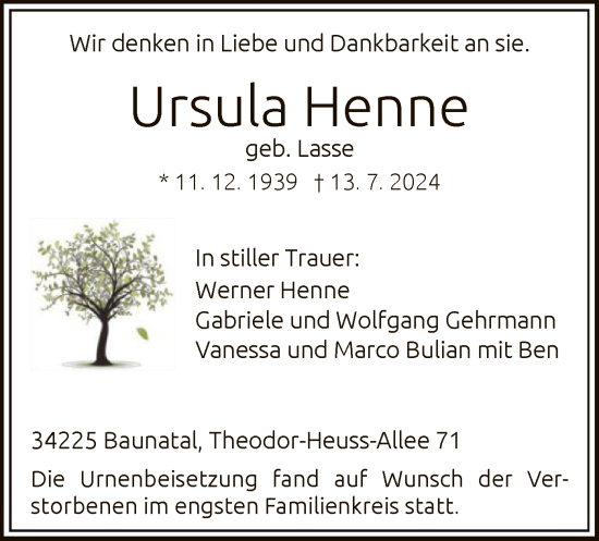 Todesanzeige von Ursula Henne von HNA