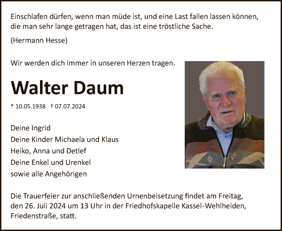 Todesanzeige von Walter Daum von HNA