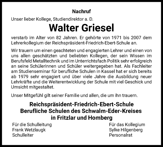 Todesanzeige von Walter Griesel von HNA