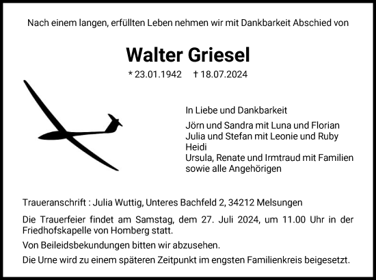 Todesanzeige von Walter Griesel von HNA