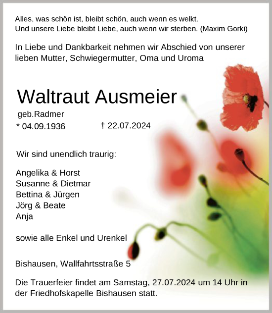 Todesanzeige von Waltraut Ausmeier von HNA