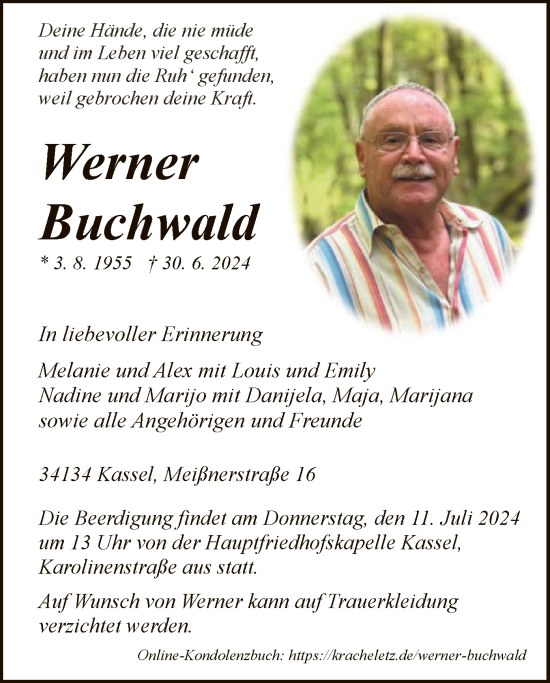 Todesanzeige von Werner Buchwald von HNA