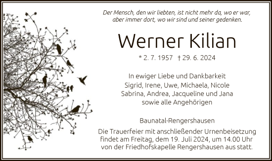 Todesanzeige von Werner Kilian von HNA