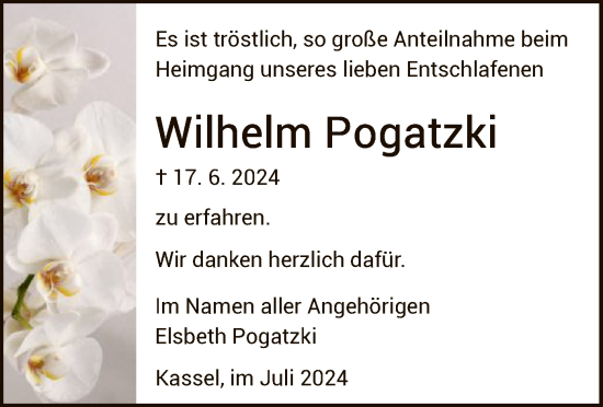 Todesanzeige von Wilhelm Pogatzki von HNA
