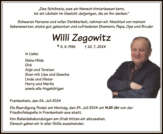 Todesanzeige von Willi Zegowitz von HNA