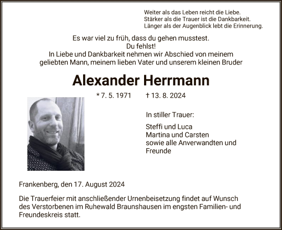 Todesanzeige von Alexander Herrmann von HNA