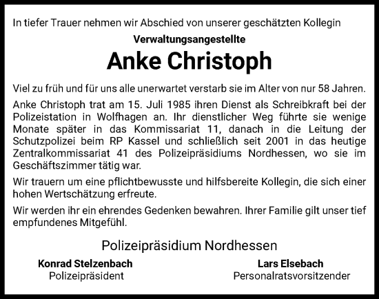 Todesanzeige von Anke Christoph von HNA